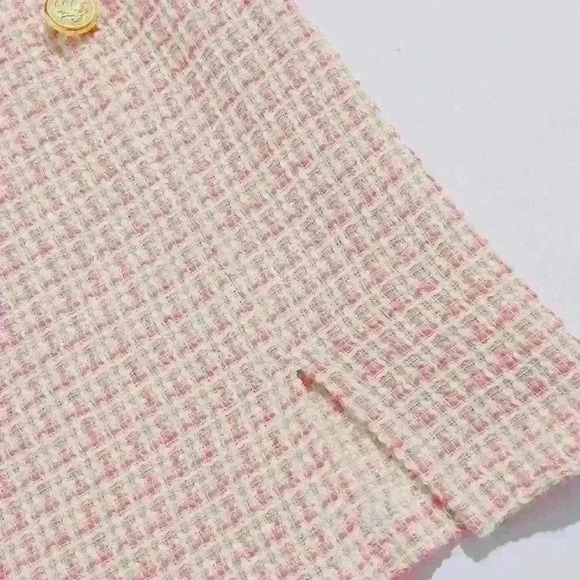 Baby Pink Plaid Button Detail Slit Hem Tweed Skirt - Picture 4 of 5